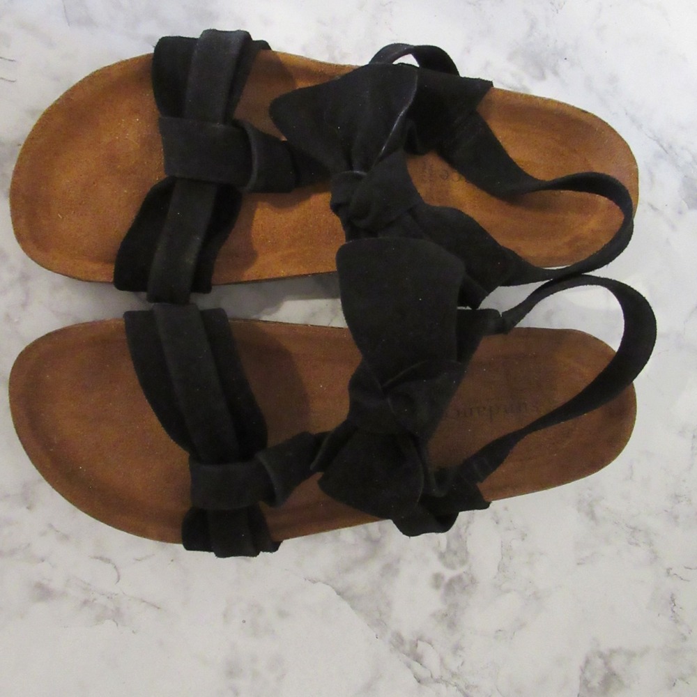Sundance Sandals 39 7.5 8 Black Suede Cork Bow Backstrap Boho Festival - Picture 3 of 8